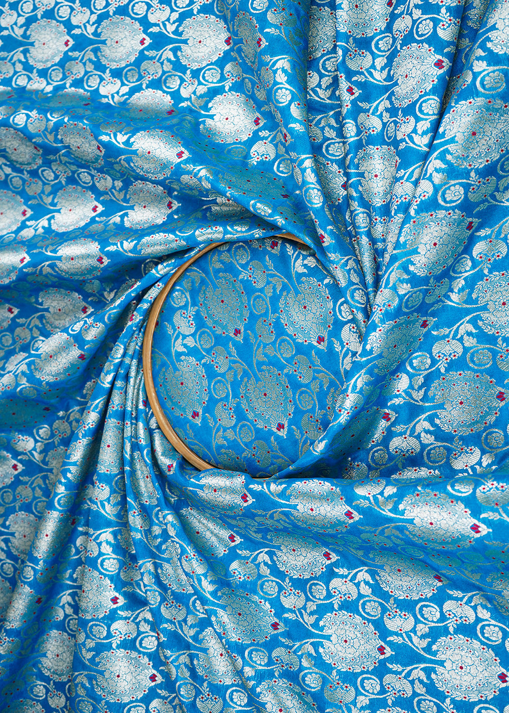 Teal-Blue-Banarasi-Brocade-Fabric-With-All-Over-Golden-Zari-Handloom-22723-close-view
