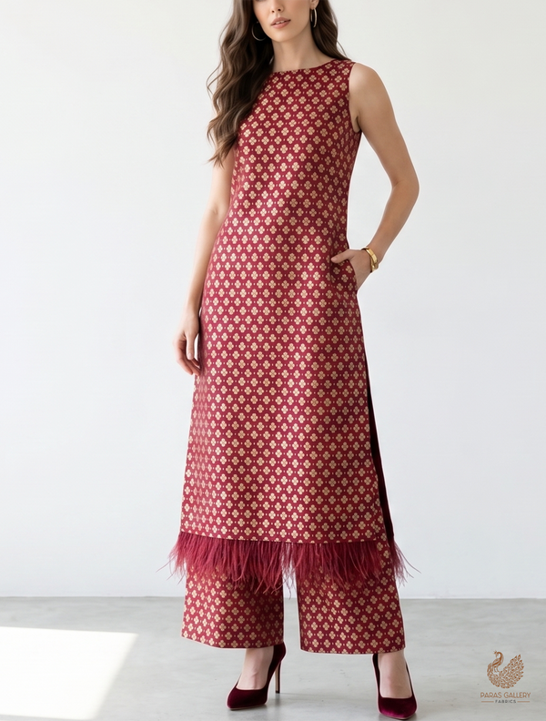 Maroon Banarasi Brocade Fabric With All Over Golden Zari Handloom 22725