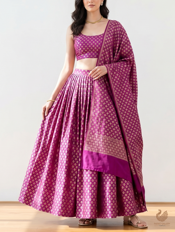 Purple Banarasi Brocade Fabric With All Over Golden Zari Handloom 22727