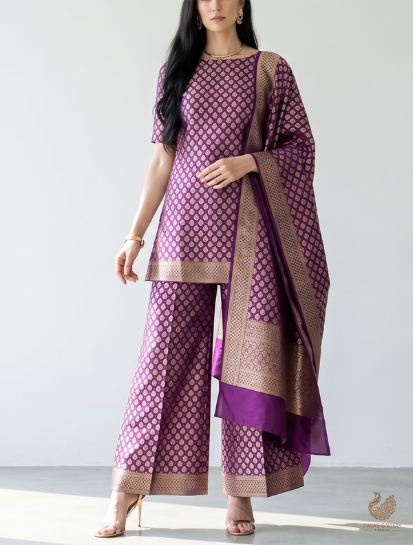 Purple Banarasi Brocade Fabric With All Over Golden Zari Handloom 22727