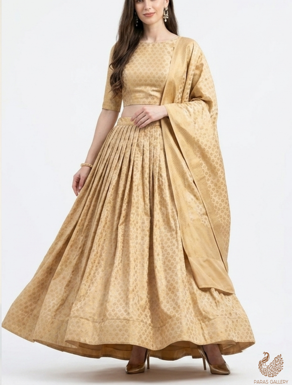 Gold Banarasi Brocade Fabric With All Over Golden Zari Handloom 22728