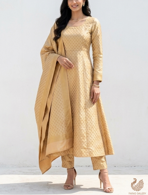 Gold Banarasi Brocade Fabric With All Over Golden Zari Handloom 22728
