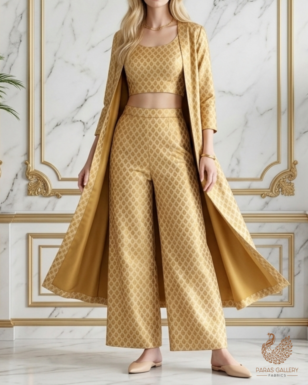Golden Banarasi Brocade Fabric With All Over Zari Handloom 22729