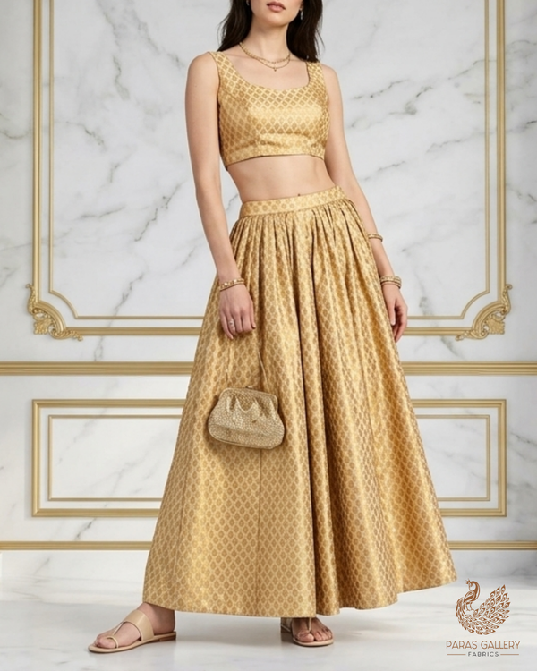 Gold Banarasi Brocade Fabric With All Over Zari Handloom 22729