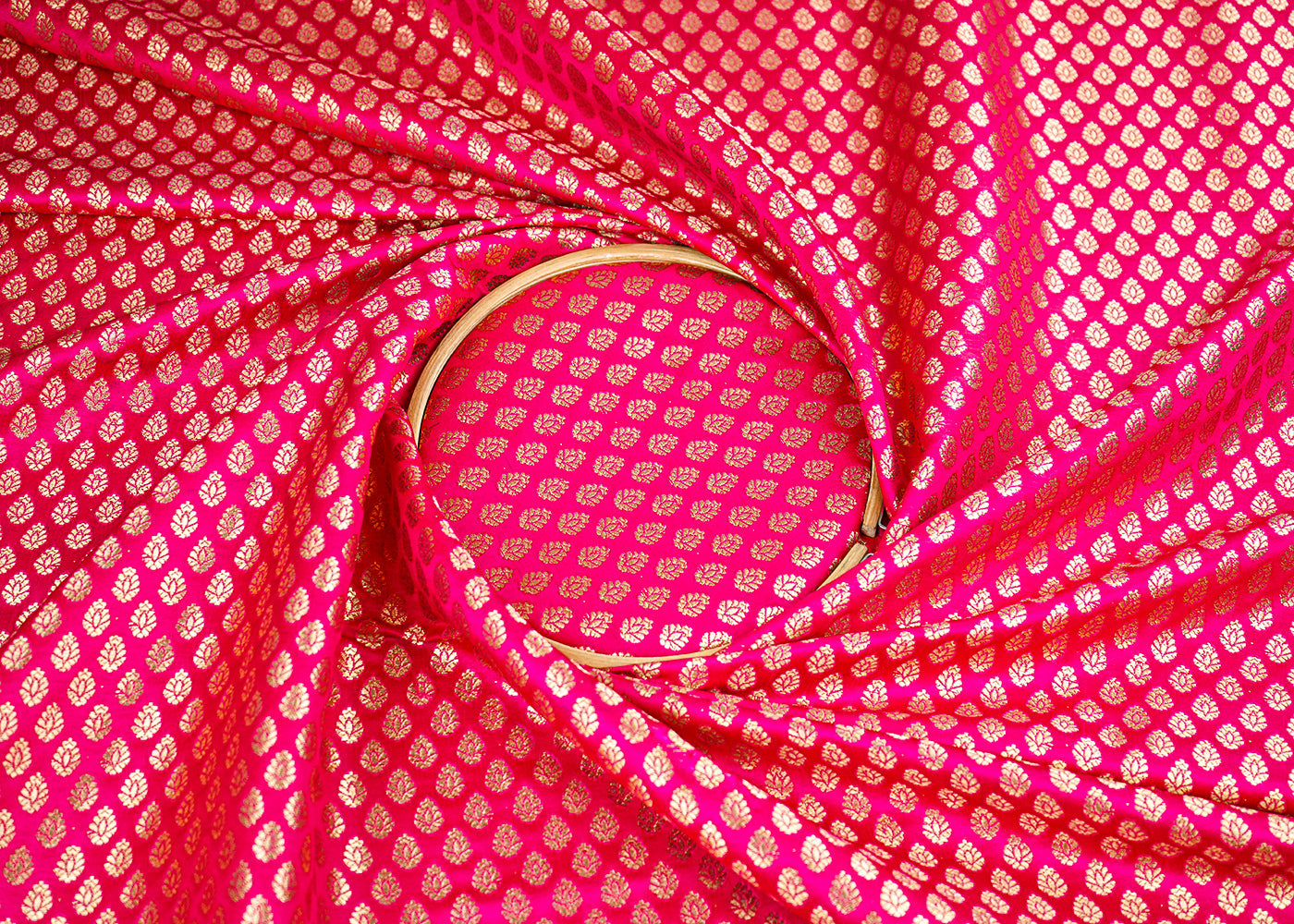 Rani Pink Banarasi Brocade Fabric With All Over Golden Zari Handloom 22731