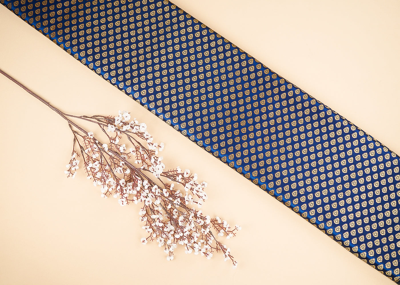 Navy Blue Banarasi Brocade Fabric With All Over Golden Zari Handloom 22733