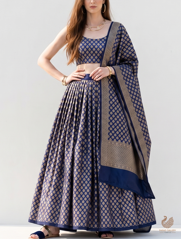 Navy Blue Banarasi Brocade Fabric With All Over Golden Zari Handloom 22733
