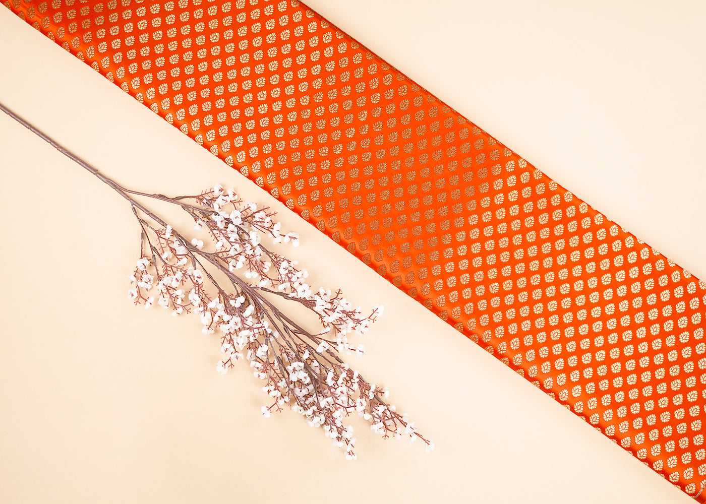 Orange Banarasi Brocade Fabric With All Over Zari Handloom 22734