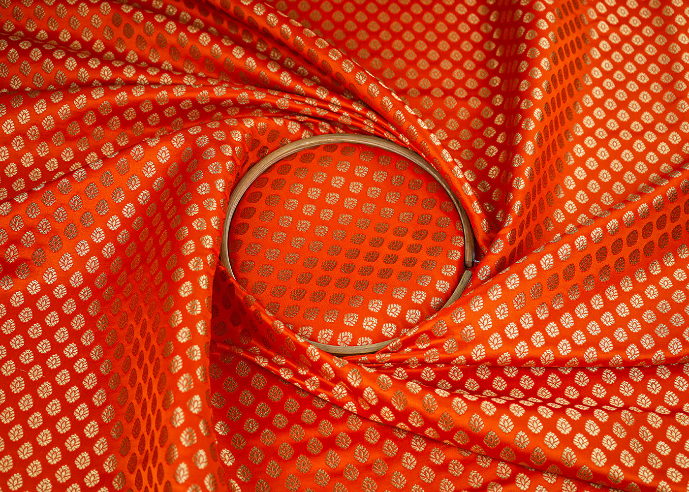 Orange Banarasi Brocade Fabric With All Over Zari Handloom 22734