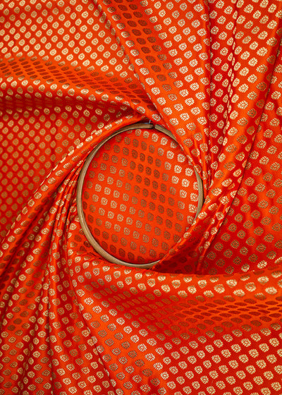 Orange Banarasi Brocade Fabric With All Over Zari Handloom 22734