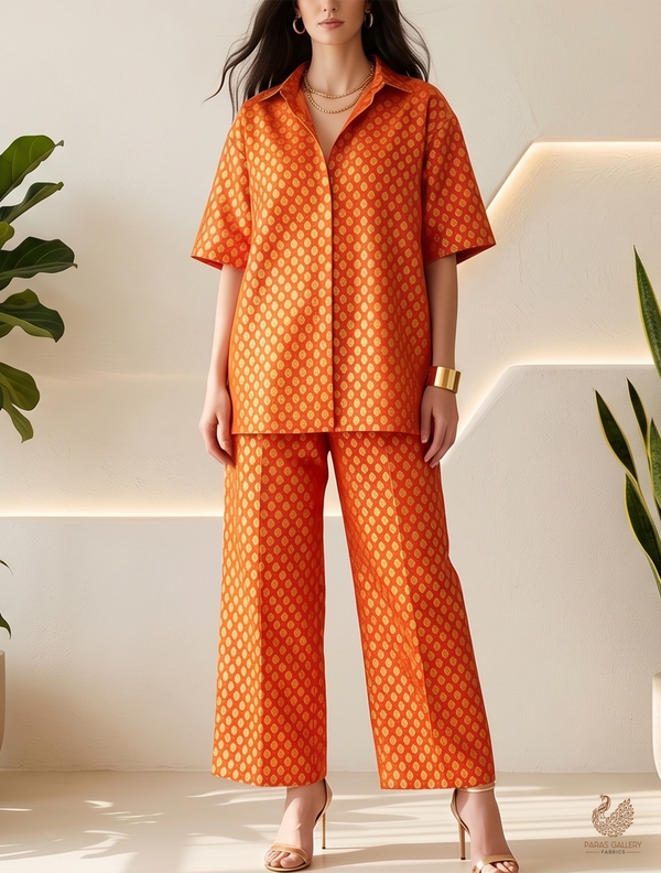 Orange Banarasi Brocade Fabric With All Over Zari Handloom 22734