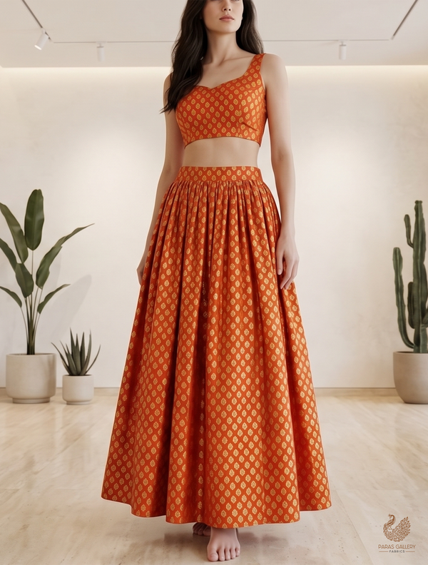 Orange Banarasi Brocade Fabric With All Over Zari Handloom 22734