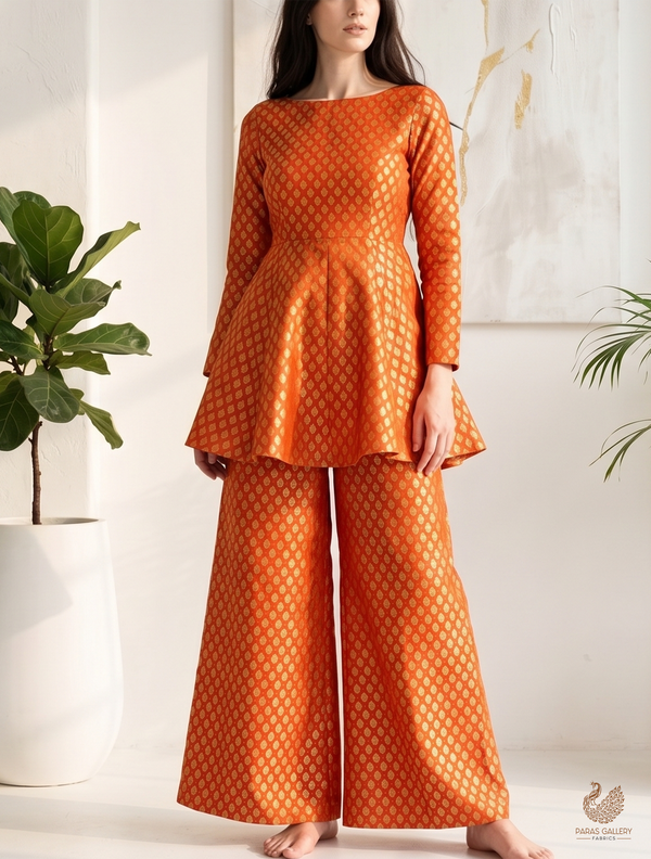 Orange Banarasi Brocade Fabric With All Over Zari Handloom 22734