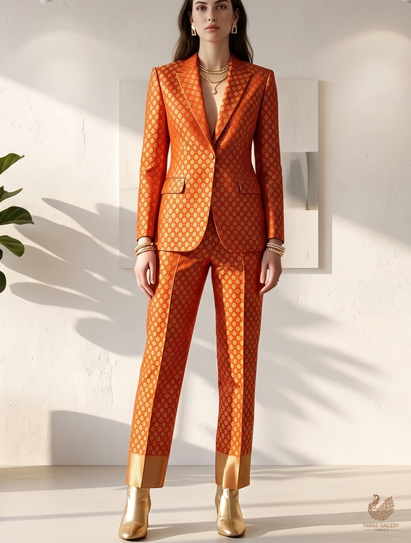 Orange Banarasi Brocade Fabric With All Over Zari Handloom 22734