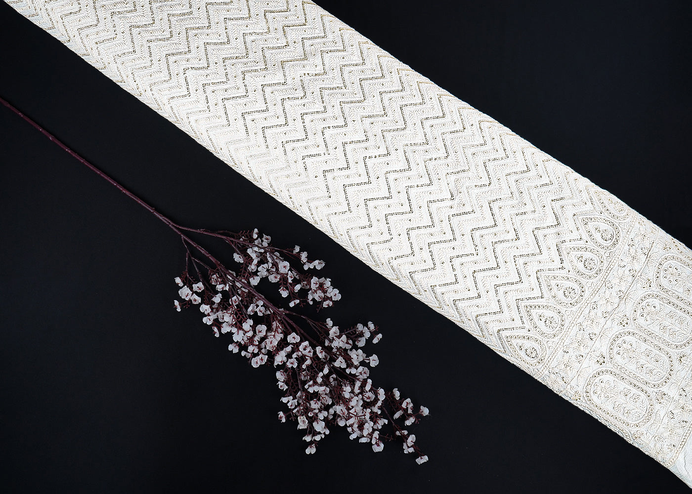 White Dyeable Chinon Chiffon Fabric With All Over Thread And Sequins Work With One Side Border 22740