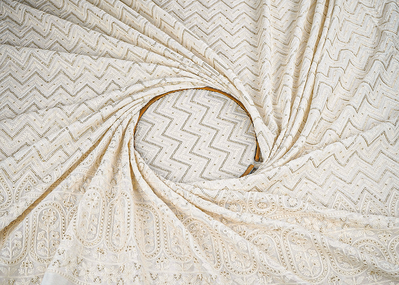 White Dyeable Chinon Chiffon Fabric With All Over Thread And Sequins Work With One Side Border 22740