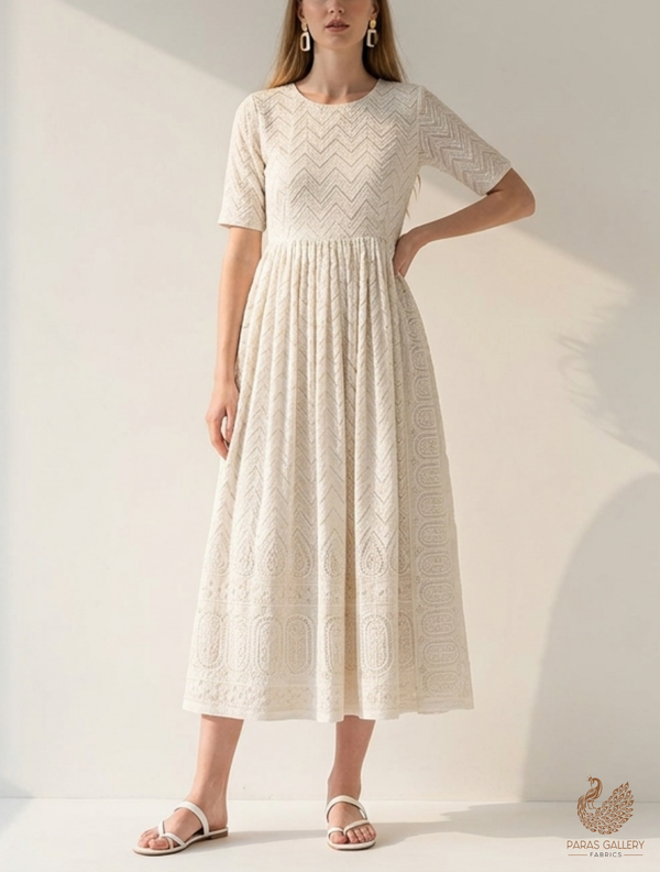 White Dyeable Chinon Chiffon Fabric With All Over Thread And Sequins Work With One Side Border 22740