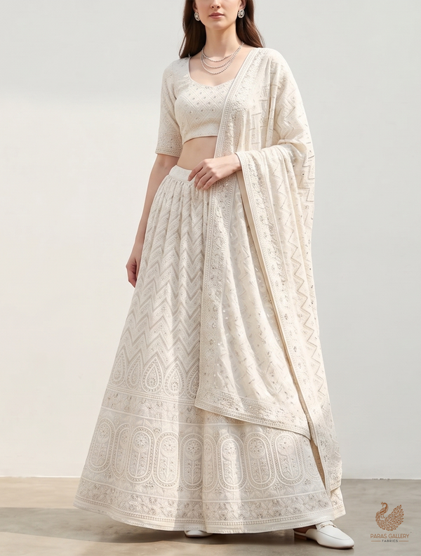 White Dyeable Chinon Chiffon Fabric With All Over Thread And Sequins Work With One Side Border 22740