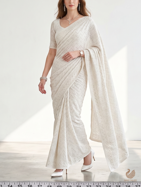 White Dyeable Chinon Chiffon Fabric With All Over Thread And Sequins Work With One Side Border 22740