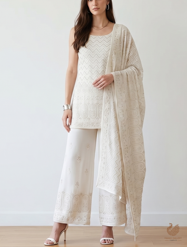 White Dyeable Chinon Chiffon Fabric With All Over Thread And Sequins Work With One Side Border 22740