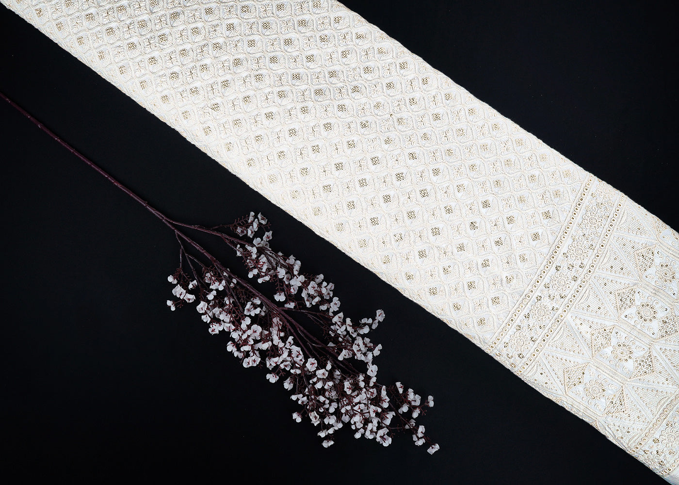 White Dyeable Chinon Chiffon Fabric With All Over Thread And Sequins Work With One Side Border 22741