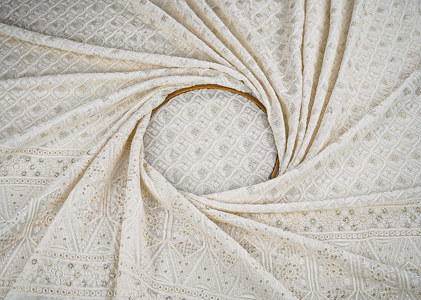 White Dyeable Chinon Chiffon Fabric With All Over Thread And Sequins Work With One Side Border 22741