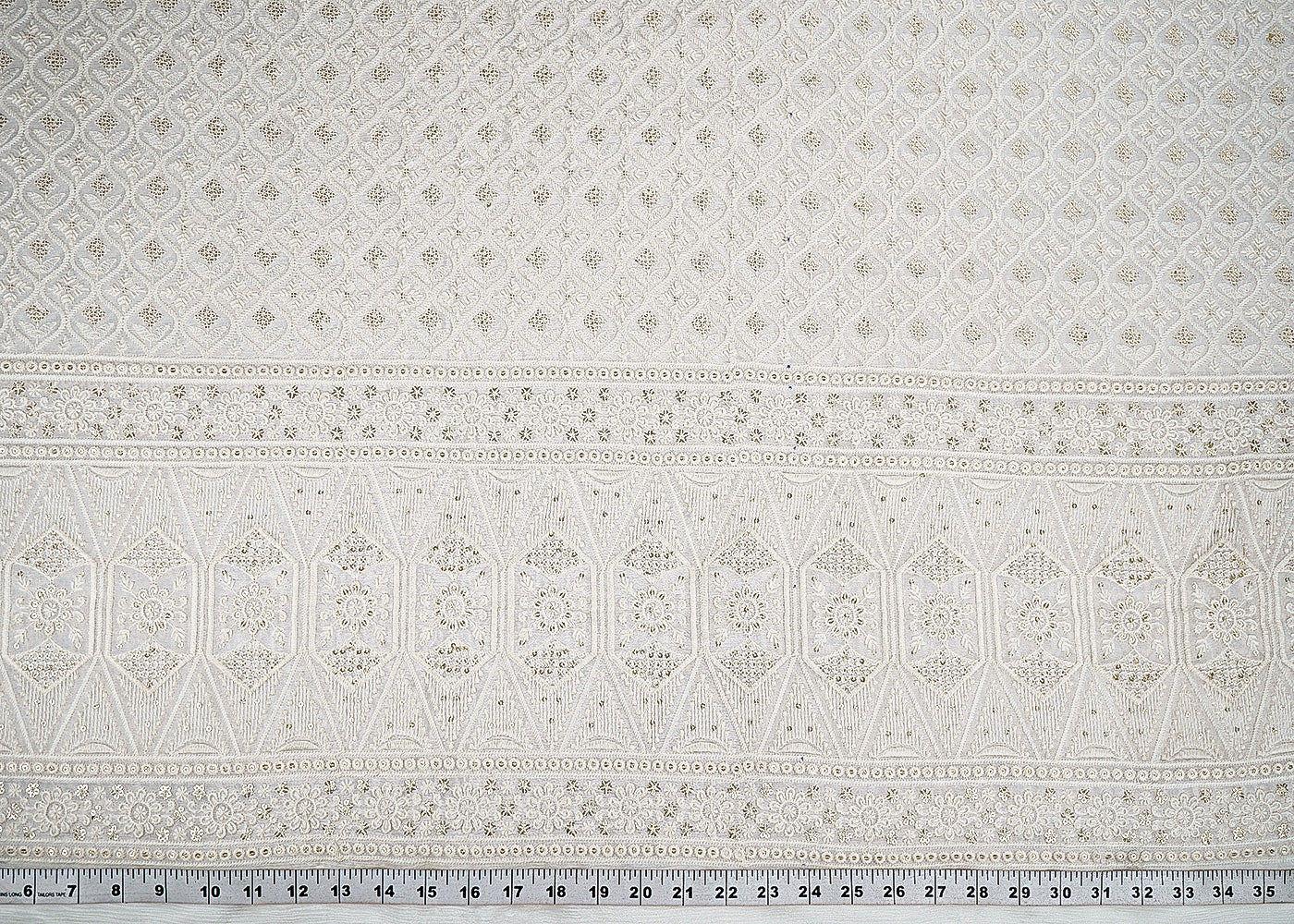 White Dyeable Chinon Chiffon Fabric With All Over Thread And Sequins Work With One Side Border 22741