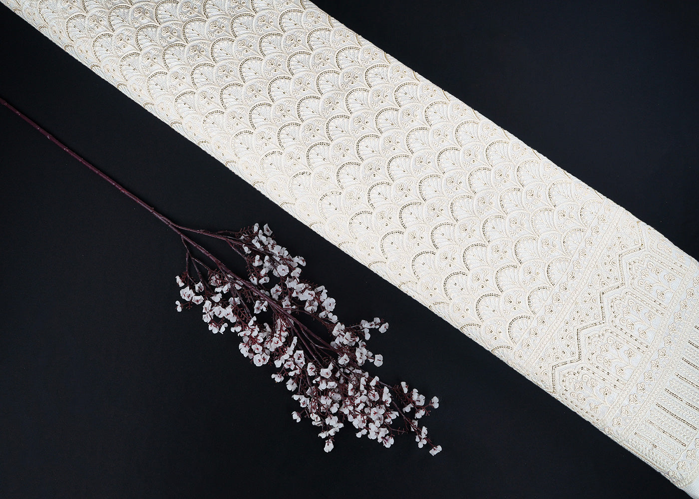 White Dyeable Chinon Chiffon Fabric With All Over Thread And Sequins Work With One Side Border 22742