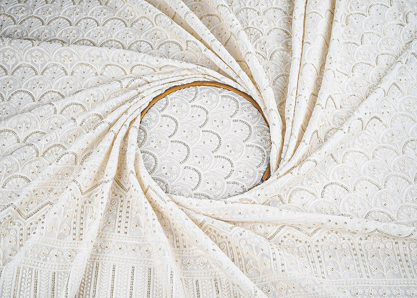 White Dyeable Chinon Chiffon Fabric With All Over Thread And Sequins Work With One Side Border 22742