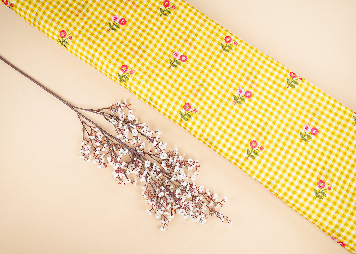 Yellow-Cotton-Fabric-With-All-Over-Check-Print-And-Floral-Thread-Work-22743
