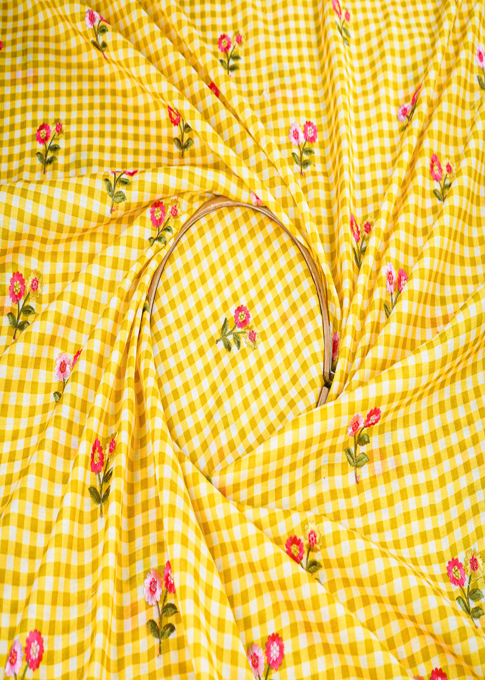 Yellow-Cotton-Fabric-With-All-Over-Check-Print-And-Floral-Thread-Work-22743-close-view