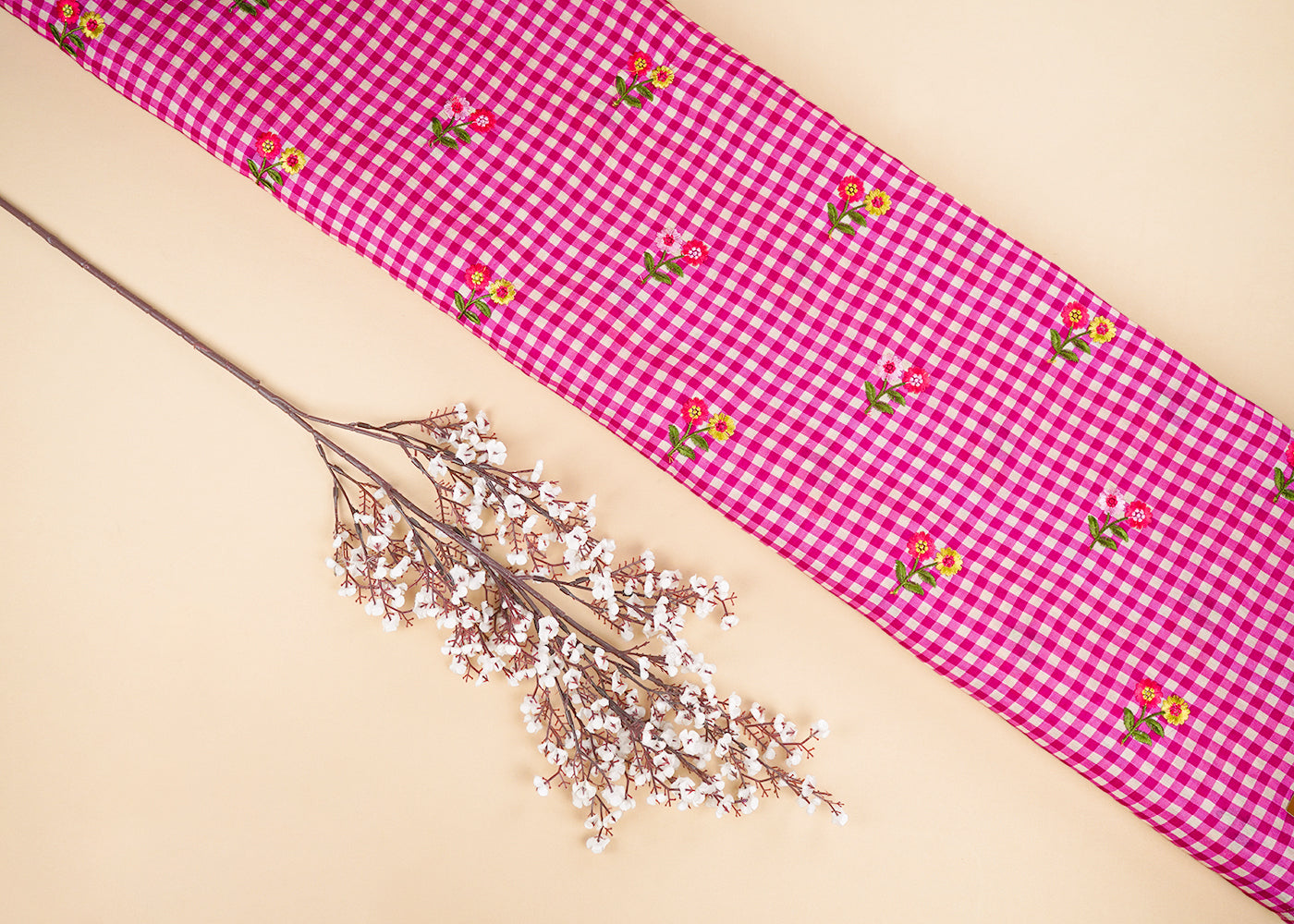 Rani Pink Cotton Fabric With All Over Check Print And Floral Thread Work 22744