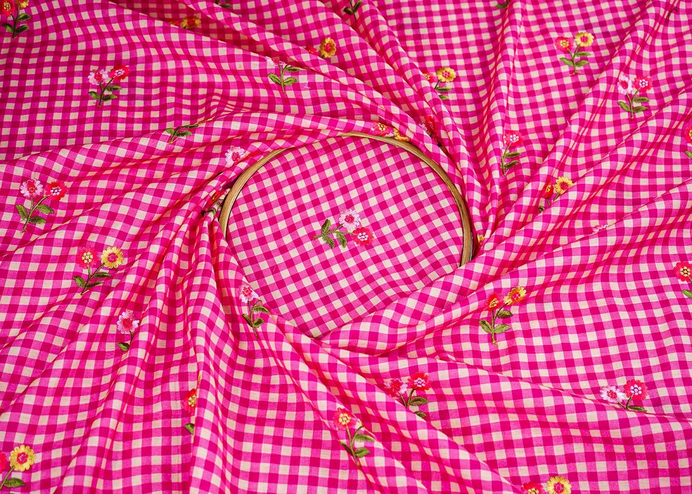 Rani Pink Cotton Fabric With All Over Check Print And Floral Thread Work 22744