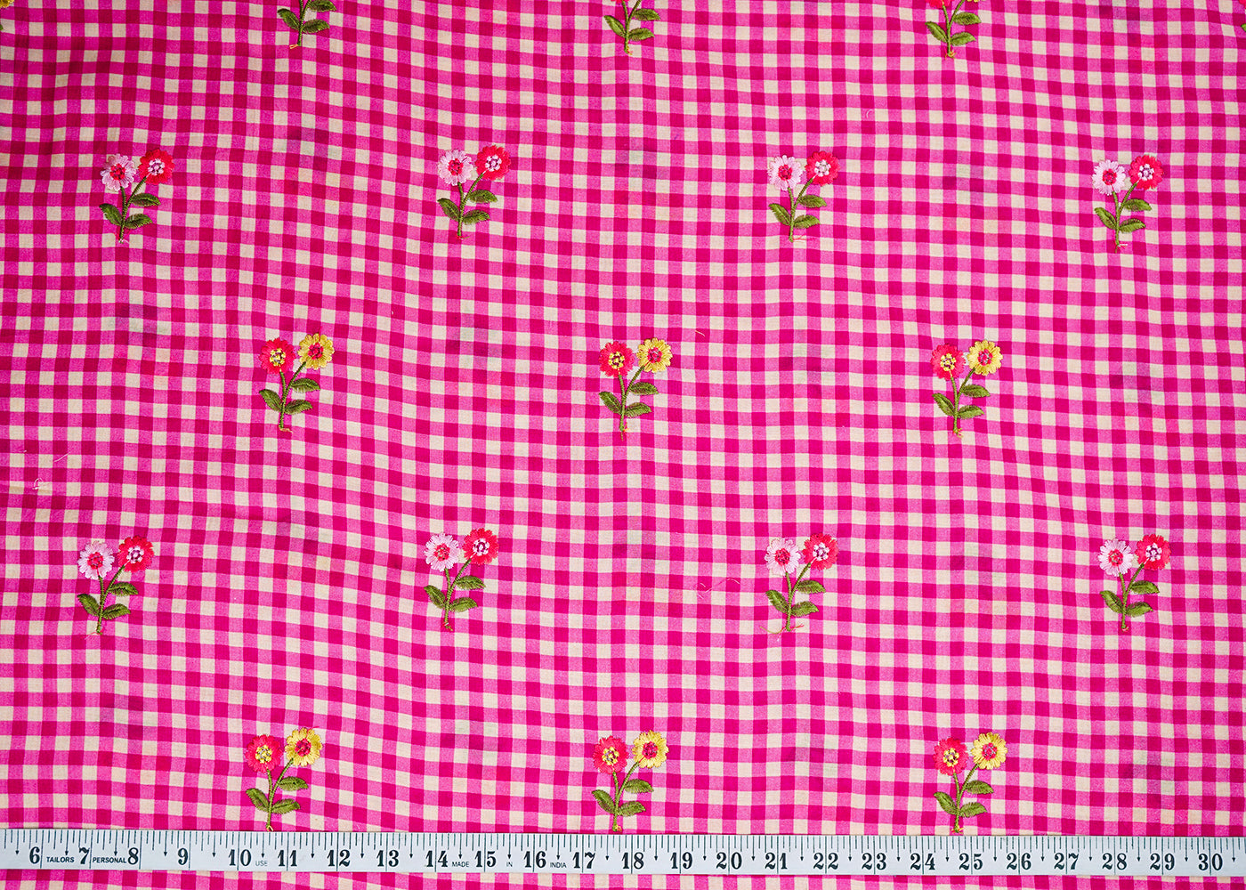 Rani Pink Cotton Fabric With All Over Check Print And Floral Thread Work 22744