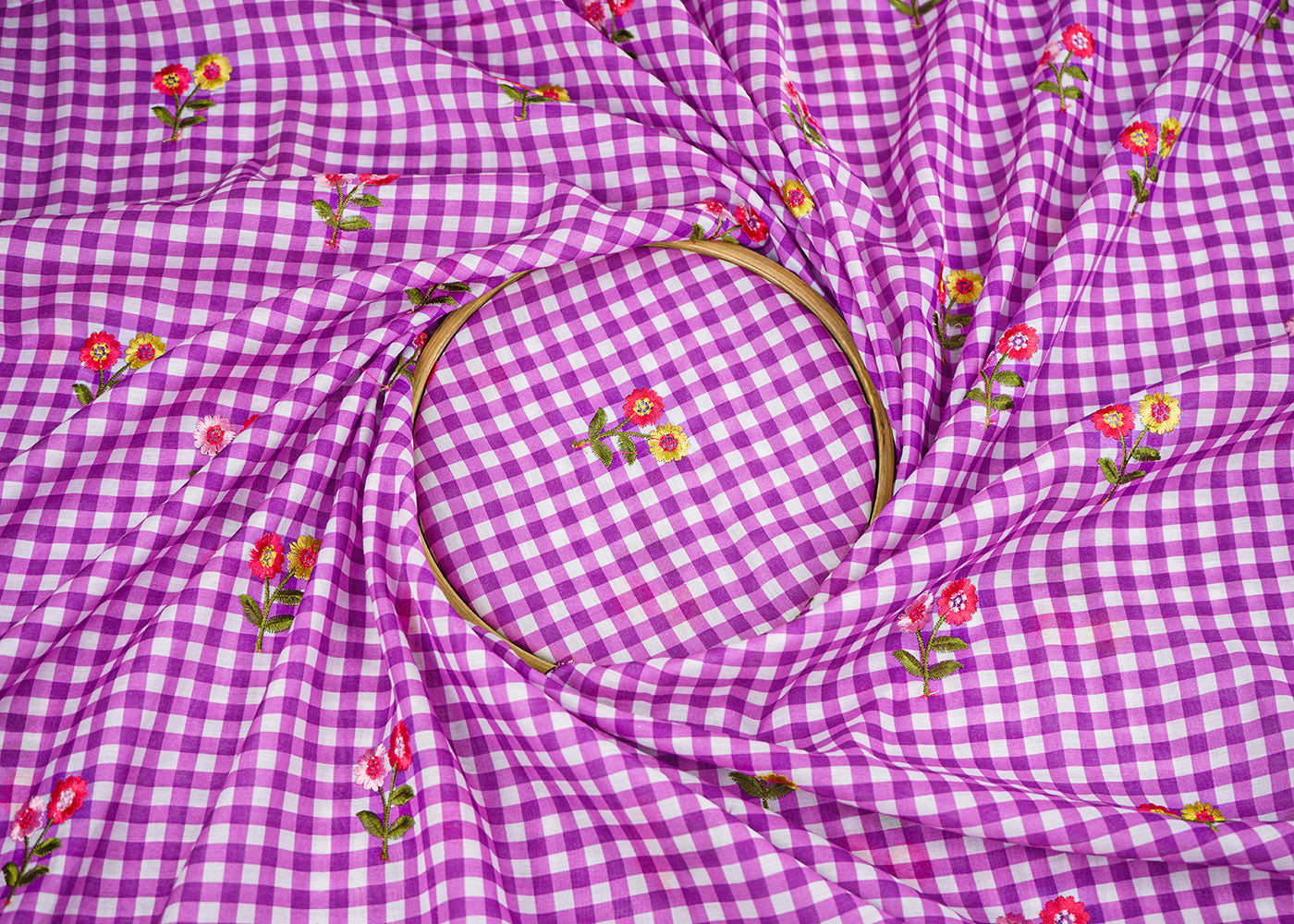 Purple Cotton Fabric With All Over Check Print And Floral Thread Work 22745
