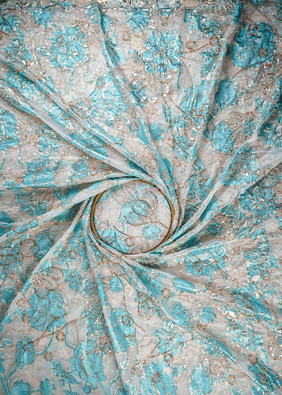White Organza Fabric With All Over Katdana, Bead And Sequins Work & Blue Foil Work Flowers 22751