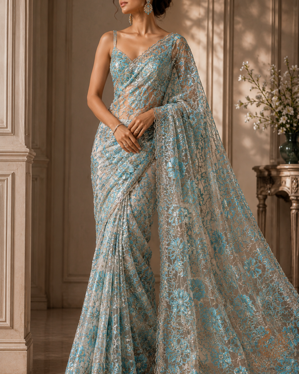 White Organza Fabric With All Over Katdana, Bead And Sequins Work & Blue Foil Work Flowers 22751