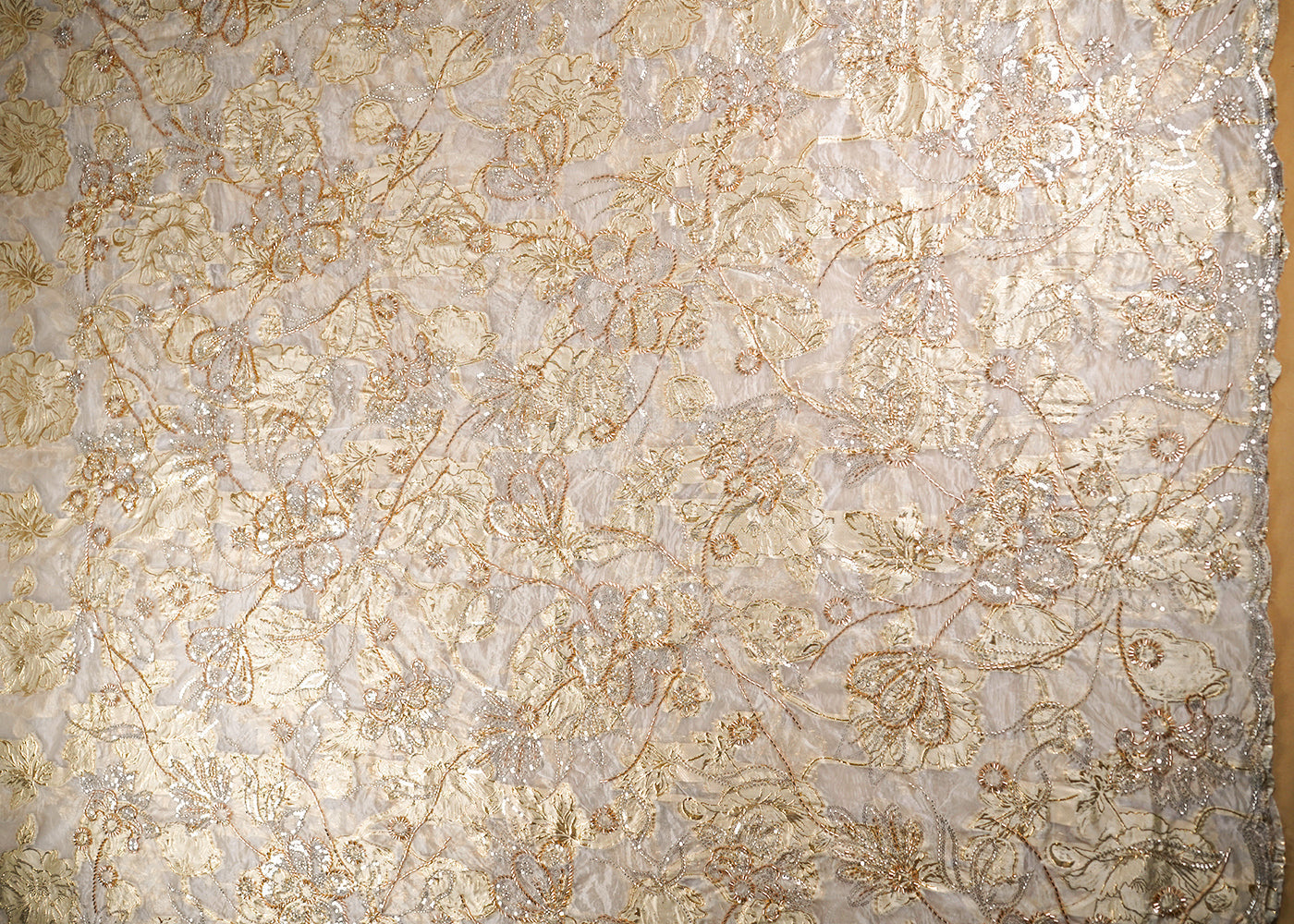 White-Organza-Fabric-With-All-Over-Katdana,-Bead-And-Sequins-Work-&-Golden-Foil-Work-Flowers-22752-design-view
