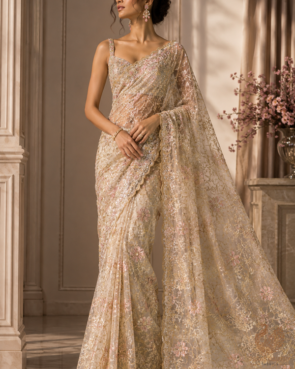 White Organza Fabric With All Over Katdana, Bead And Sequins Work & Golden Foil Work Flowers 22752