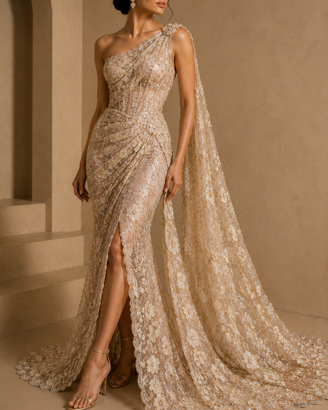 White Organza Fabric With All Over Katdana, Bead And Sequins Work & Lemon Yellow Foil Work Flowers 22753