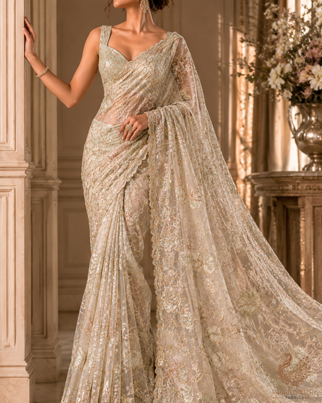 White Organza Fabric With All Over Katdana, Bead And Sequins Work & Lemon Yellow Foil Work Flowers 22753