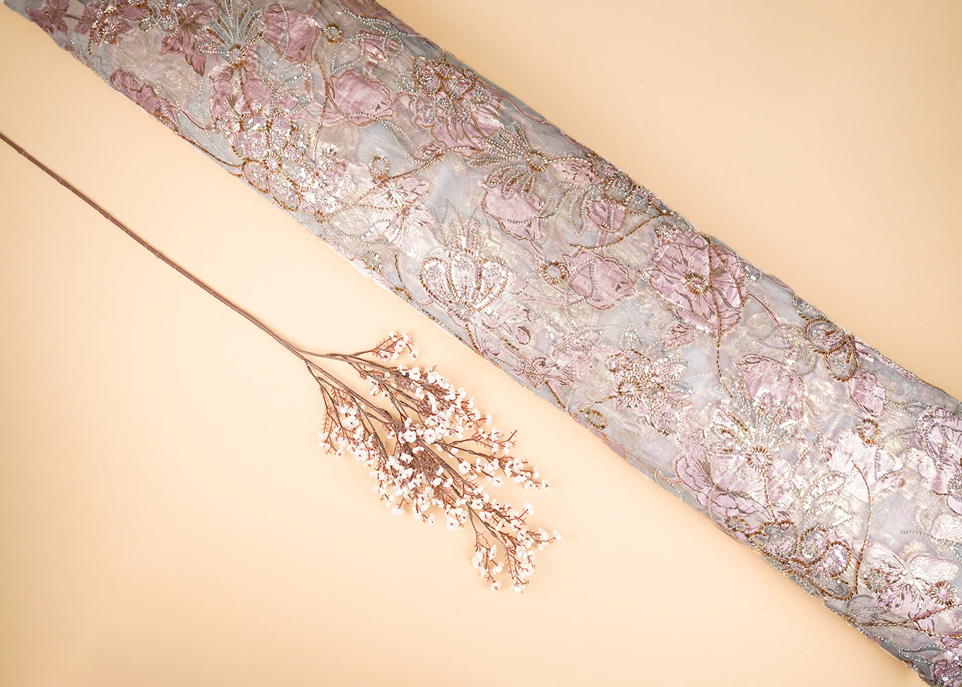 White-Organza-Fabric-With-All-Over-Katdana,-Bead-And-Sequins-Work-&-Pink-Foil-Work-Flowers-22754