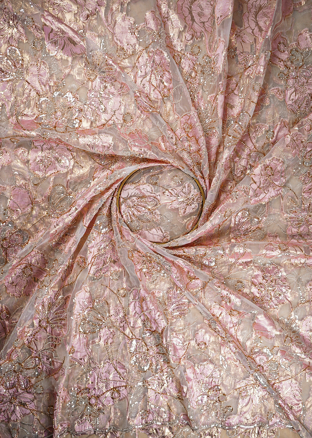 White-Organza-Fabric-With-All-Over-Katdana,-Bead-And-Sequins-Work-&-Pink-Foil-Work-Flowers-22754-close-view