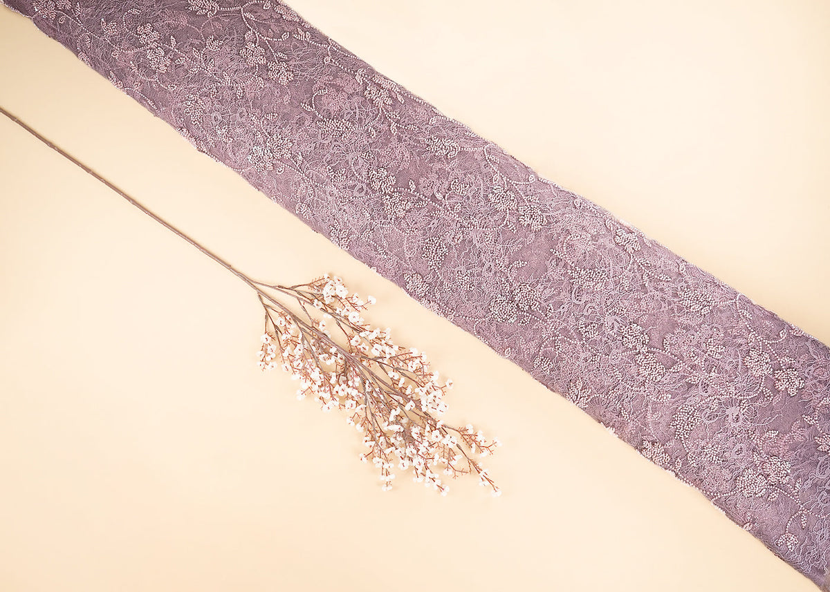 Onion Pink Sandline Lace Fabric with All Over Floral Pattern & Sequins
