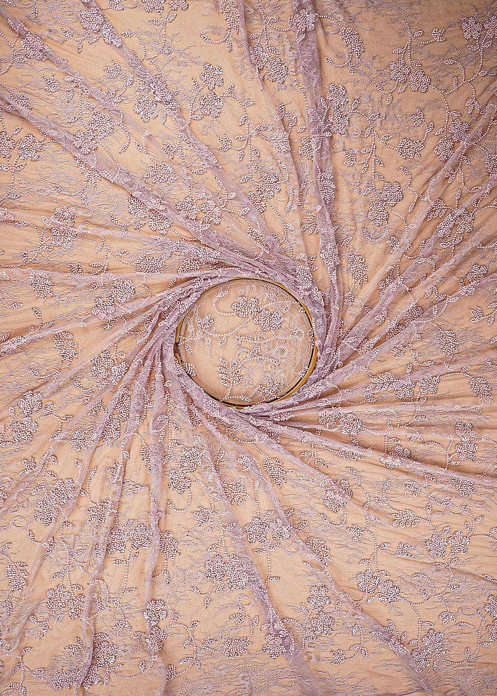 Onion Pink Sandline Lace Fabric with All Over Floral Pattern & Sequins, Katdana Work 22757