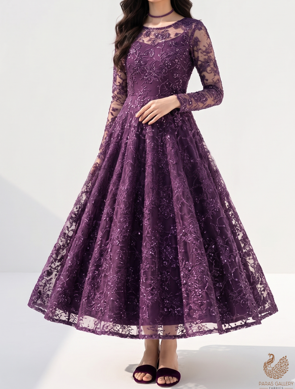 Purple Sandline Lace Fabric with All Over Floral Pattern & Sequins, Katdana Work 22758