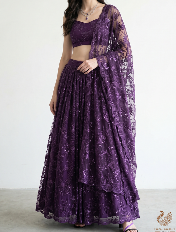 Purple Sandline Lace Fabric with All Over Floral Pattern & Sequins, Katdana Work 22758