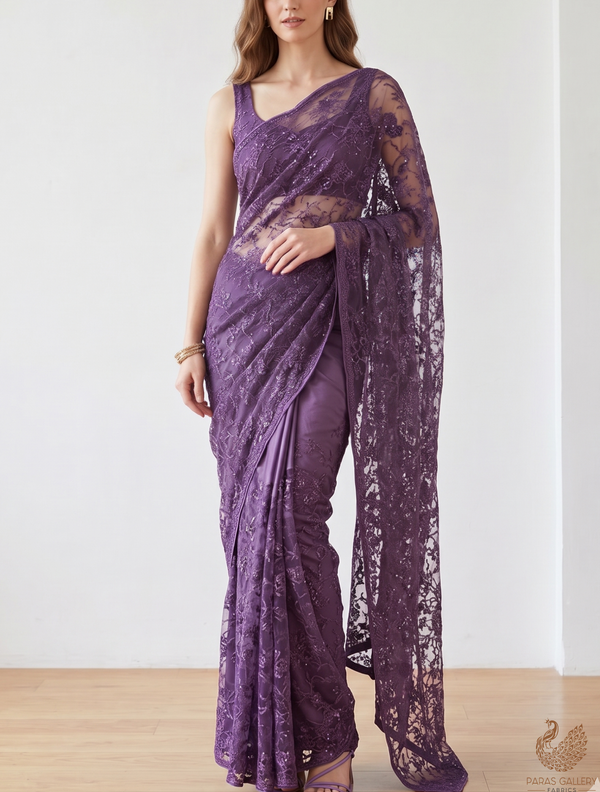 Purple Sandline Lace Fabric with All Over Floral Pattern & Sequins, Katdana Work 22758