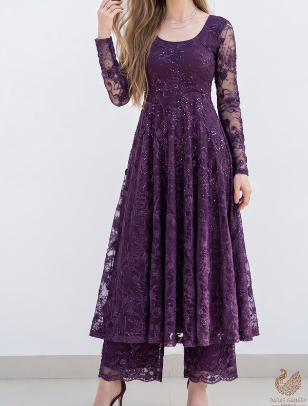 Purple Sandline Lace Fabric with All Over Floral Pattern & Sequins, Katdana Work 22758