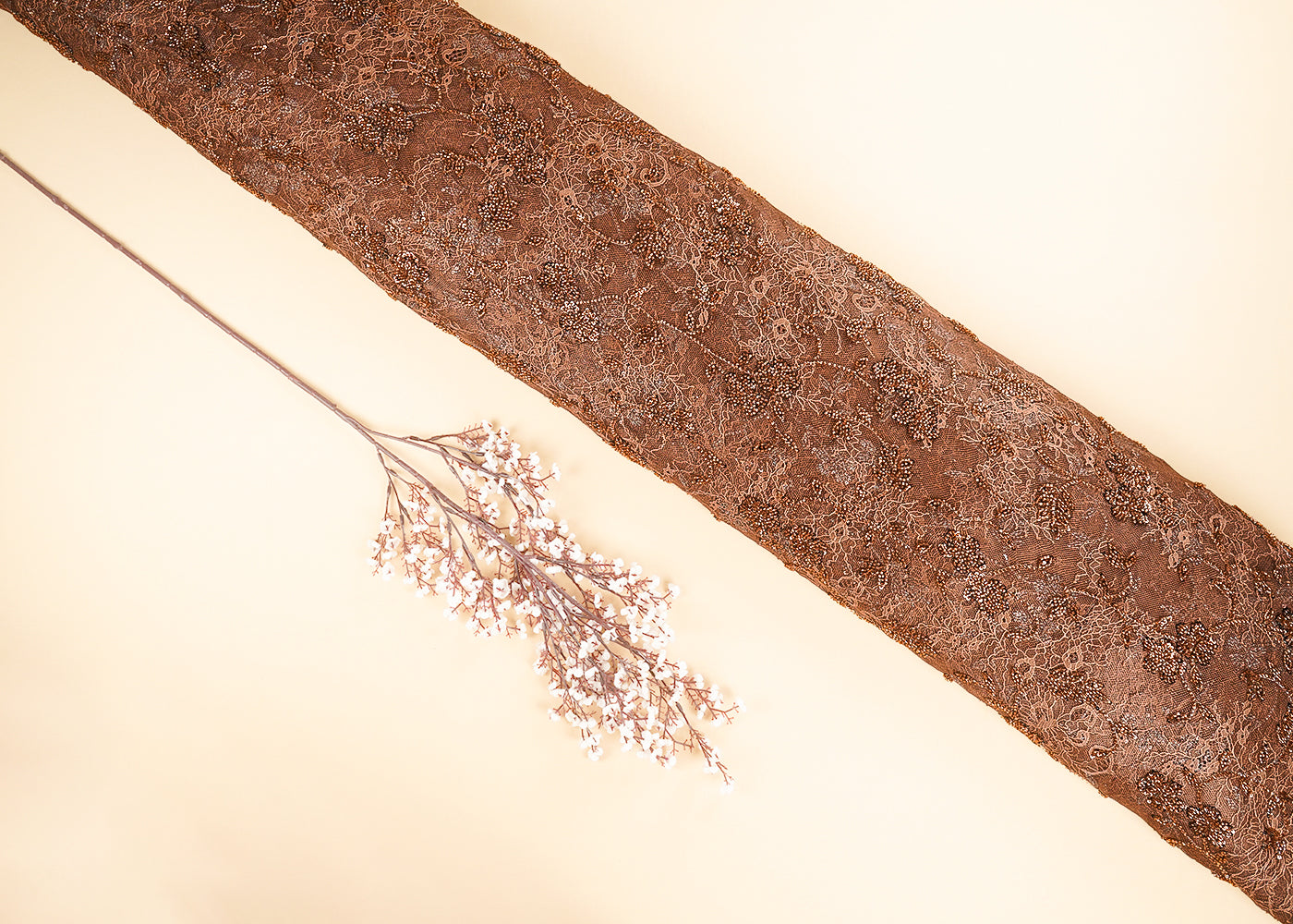 Coffee Brown Sandline Lace Fabric with All Over Floral Pattern & Sequins, Katdana Work 22759